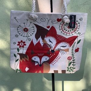 Burlap zip up bag with love & cute fox on it with rope straps for handles, lined